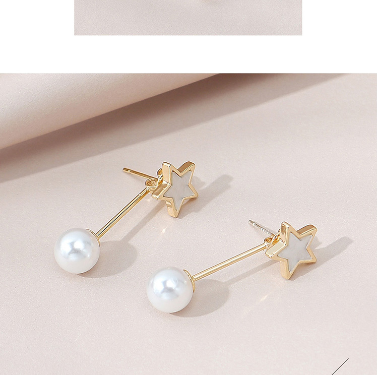 Fashion White Real Gold Plated Pearl Pentagram Earrings,Stud Earrings