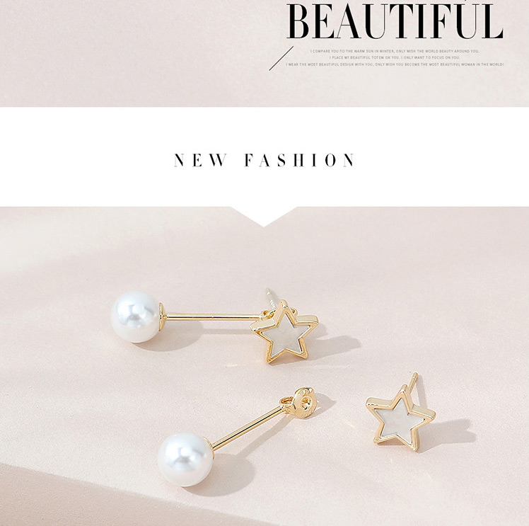 Fashion White Real Gold Plated Pearl Pentagram Earrings,Stud Earrings