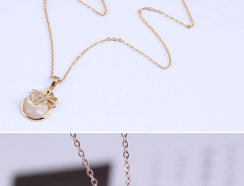 Fashion Pink Rose Gold Color Opal Bow Necklace With Diamonds,Pendants