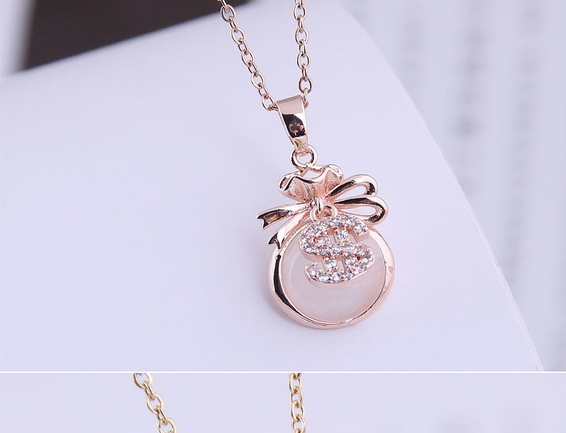 Fashion Pink Opal Bow Necklace With Diamonds,Pendants