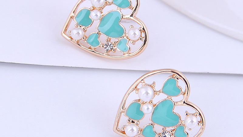 Fashion Blue Contrasting Love Heart Drop Oil Pearl Alloy Stud Earrings,Stud Earrings
