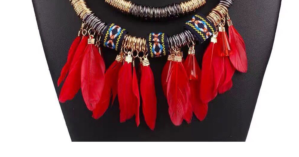 Fashion Red Feather Tassel Beaded Necklace And Earring Set,Jewelry Sets