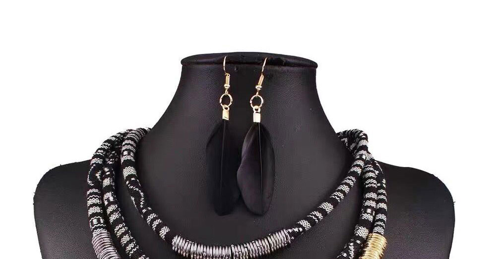 Fashion Black Feather Tassel Beaded Necklace And Earring Set,Jewelry Sets