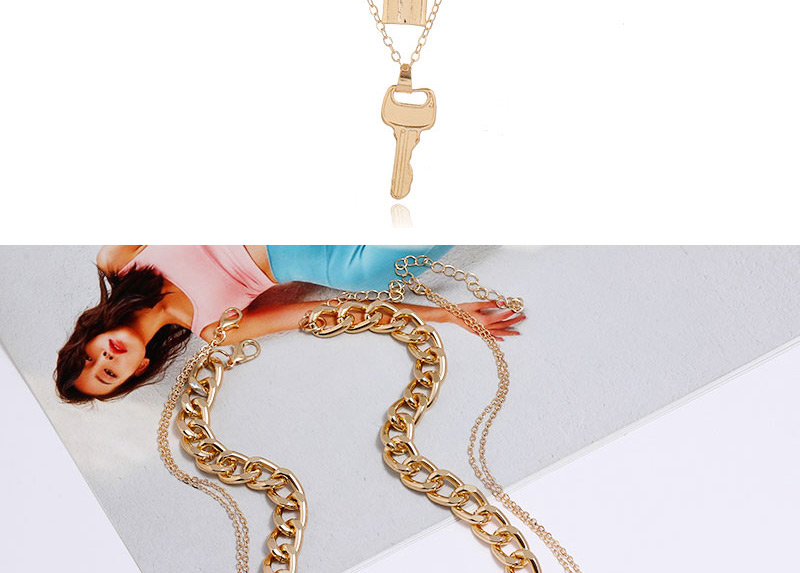 Fashion Gold Color Key Lock Alloy Thick Chain Multilayer Necklace,Multi Strand Necklaces