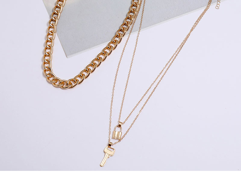 Fashion Gold Color Key Lock Alloy Thick Chain Multilayer Necklace,Multi Strand Necklaces