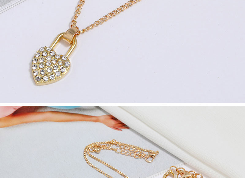 Fashion Gold Color Love Heart Diamond Lock Chain Double Necklace,Multi Strand Necklaces
