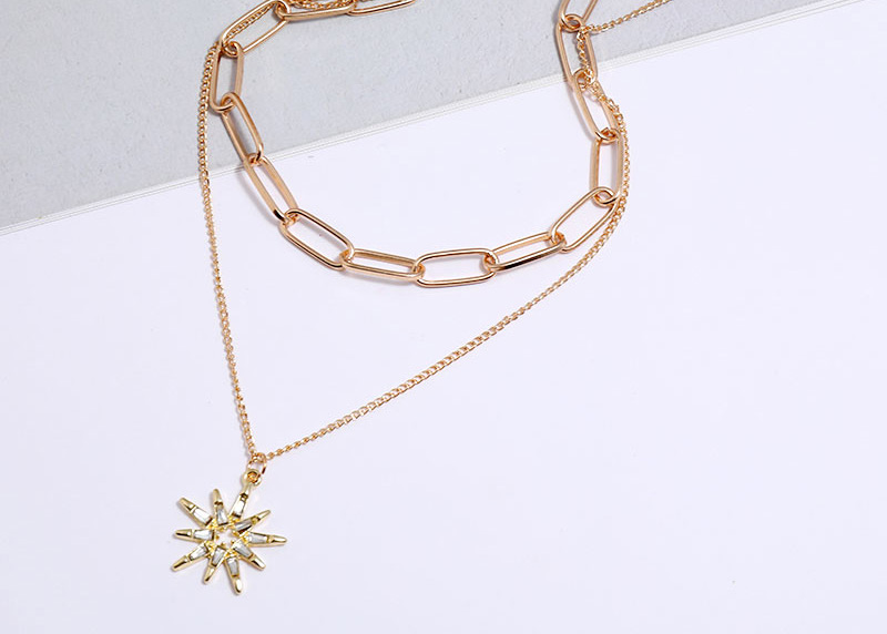 Fashion Gold Color Sun Flower Pendant Chain Double Necklace,Multi Strand Necklaces