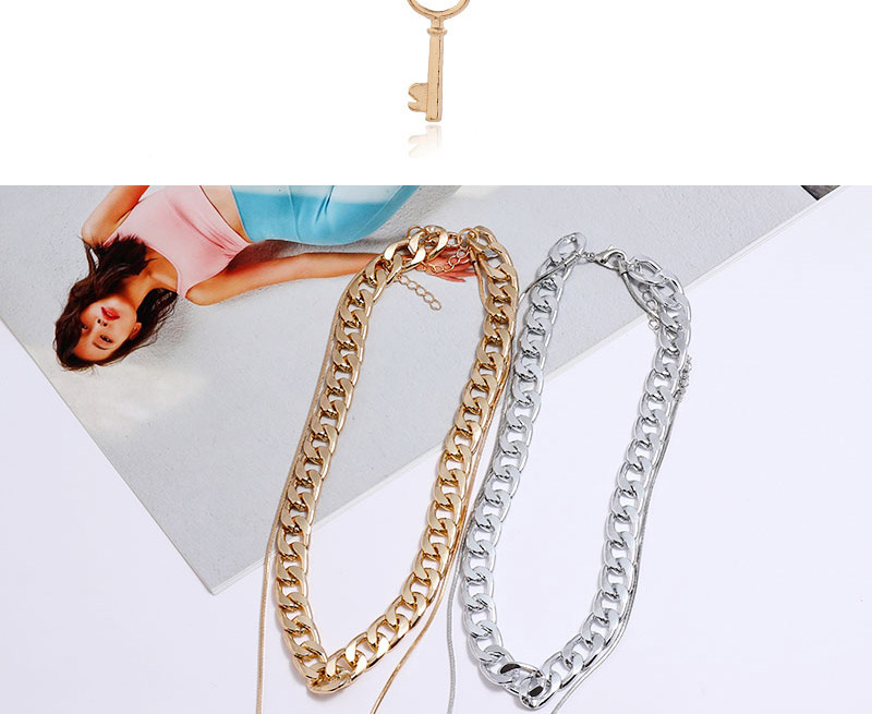 Fashion Silver Color Key Alloy Double Chain Necklace,Multi Strand Necklaces