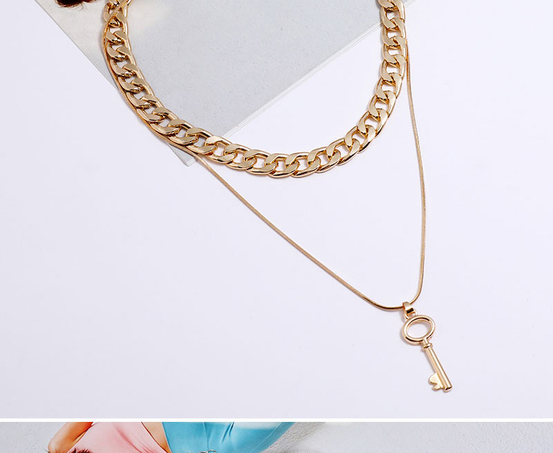 Fashion Silver Color Key Alloy Double Chain Necklace,Multi Strand Necklaces