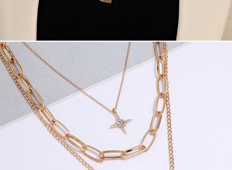 Fashion Gold Color Love Lock Moon Star Chain Alloy Multilayer Necklace,Multi Strand Necklaces