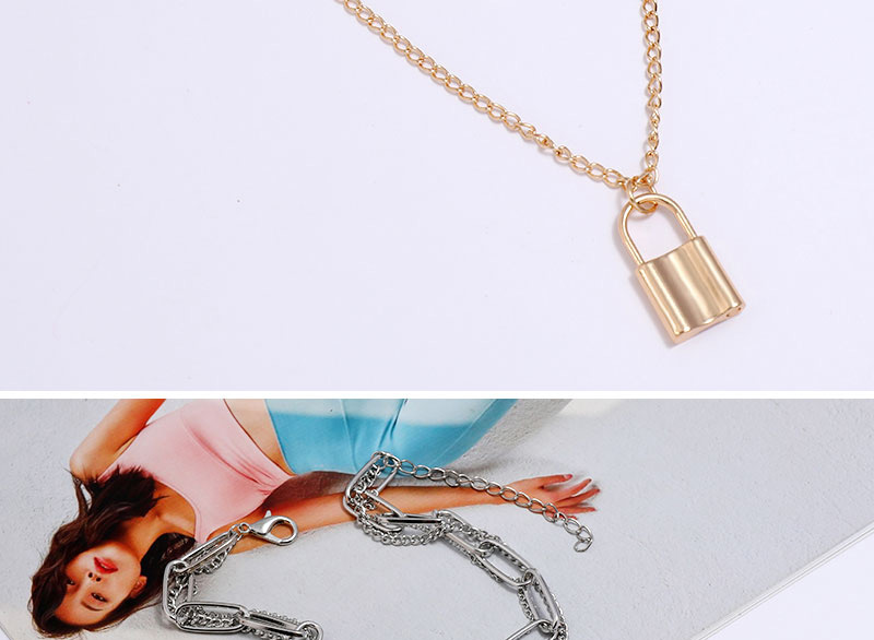 Fashion Silver Color Love Lock Moon Star Chain Alloy Multilayer Necklace,Pendants