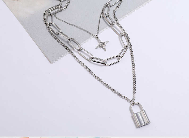 Fashion Gold Color Love Lock Moon Star Chain Alloy Multilayer Necklace,Multi Strand Necklaces