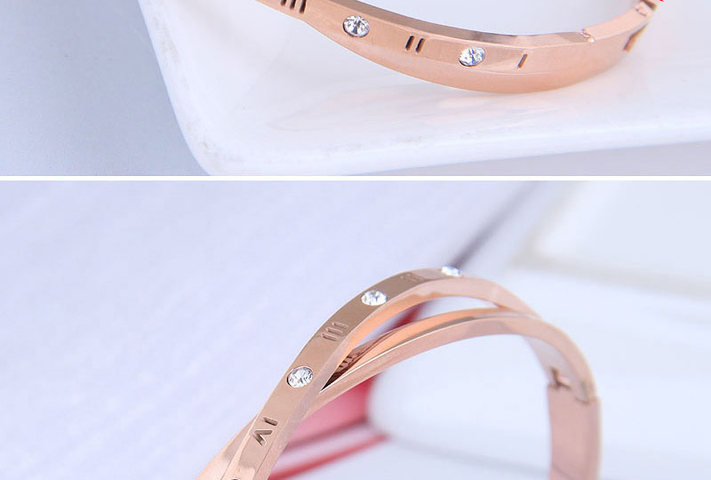 Fashion Rose Gold Titanium Steel Cross Diamond Cutout Roman Alphabet Bracelet,Fashion Bangles