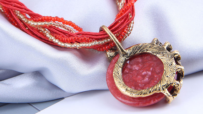 Fashion Red Handmade Peacock Gemstone Geometric Rice Bead Necklace,Pendants