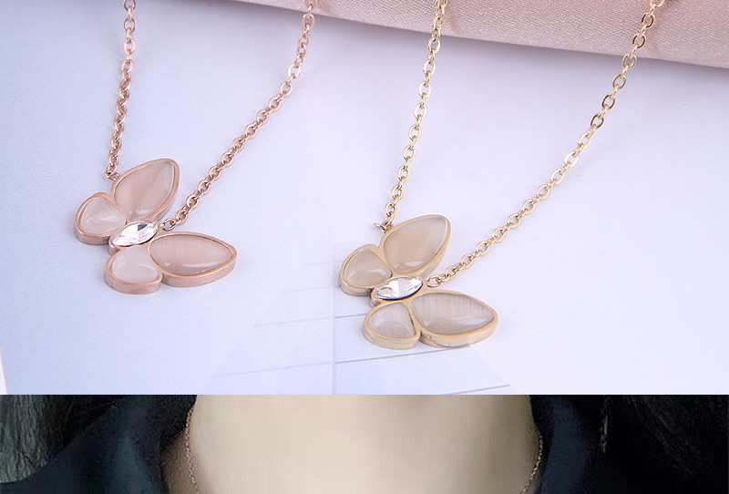 Fashion Gold Color Butterfly Diamond Opal Titanium Steel Necklace,Pendants