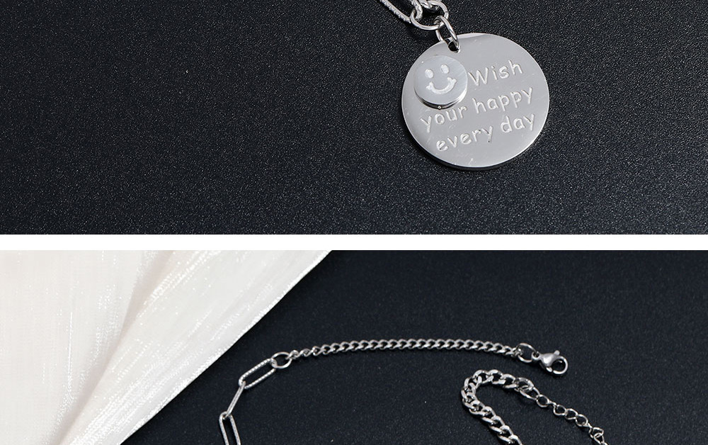 Fashion Silver Stainless Steel Metal Chain Round Sign Smiley Face Pendant Necklace,Necklaces