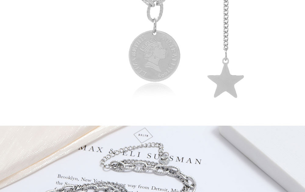 Fashion Silver Stainless Steel Metal Chain Coin Pentagram Necklace,Necklaces