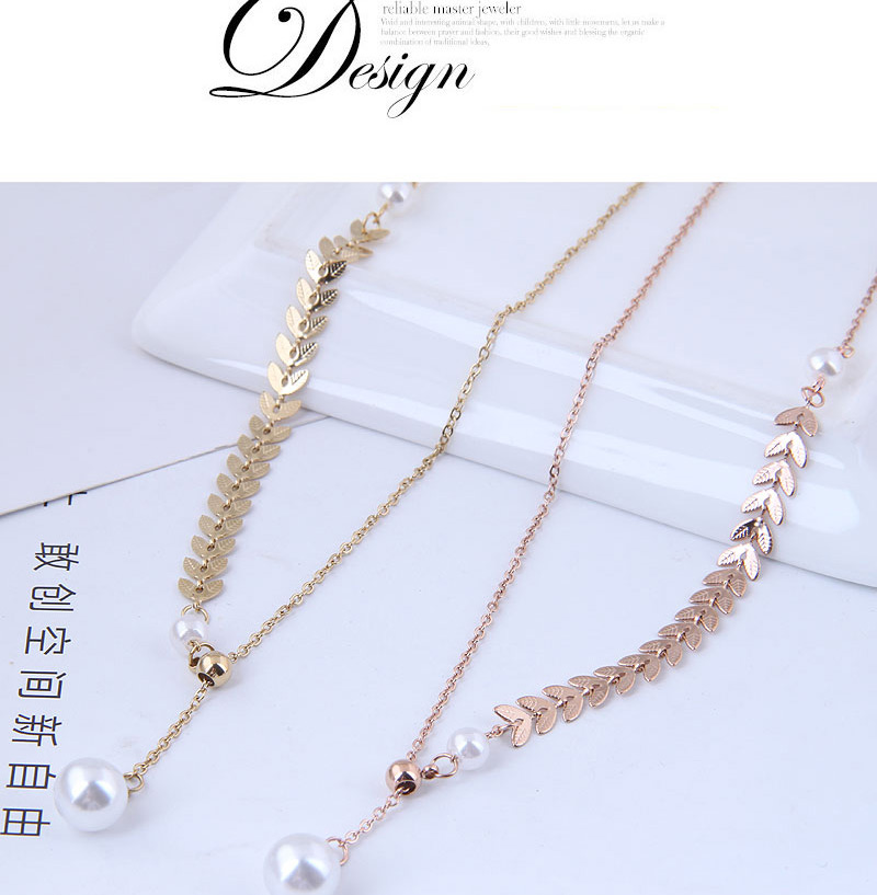 Fashion Rose Gold Titanium Steel Leaf Pearl Necklace,Necklaces