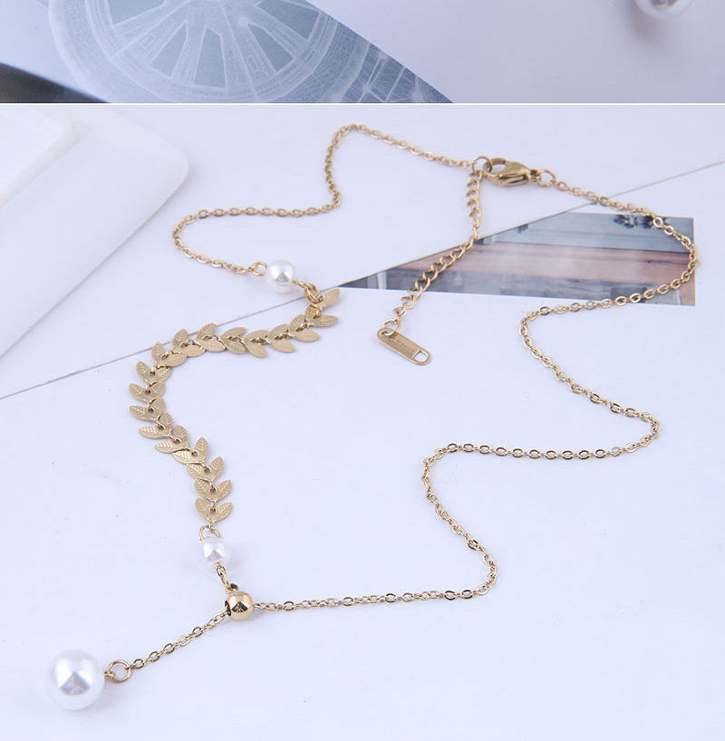 Fashion Golden Titanium Steel Leaf Pearl Necklace,Necklaces