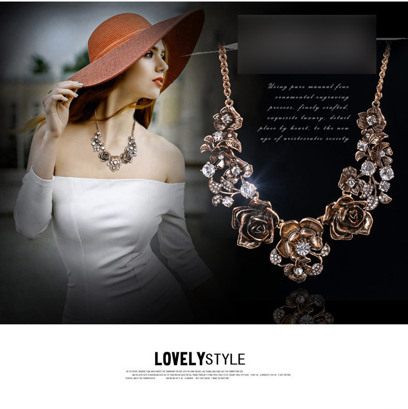 Fashion Golden Two-piece Bronze Metal Diamond Flower Necklace Stud Earrings,Jewelry Sets