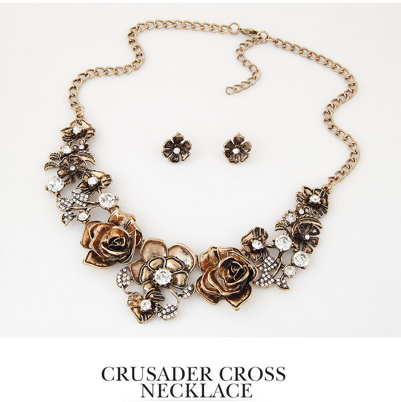 Fashion Silver Two-piece Bronze Metal Diamond Flower Necklace Stud Earrings,Jewelry Sets