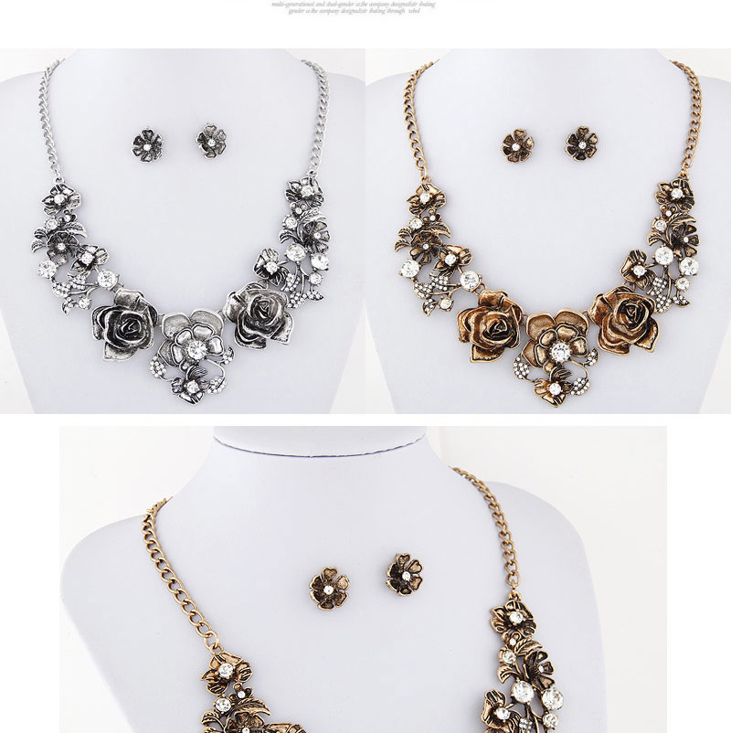Fashion Silver Two-piece Bronze Metal Diamond Flower Necklace Stud Earrings,Jewelry Sets