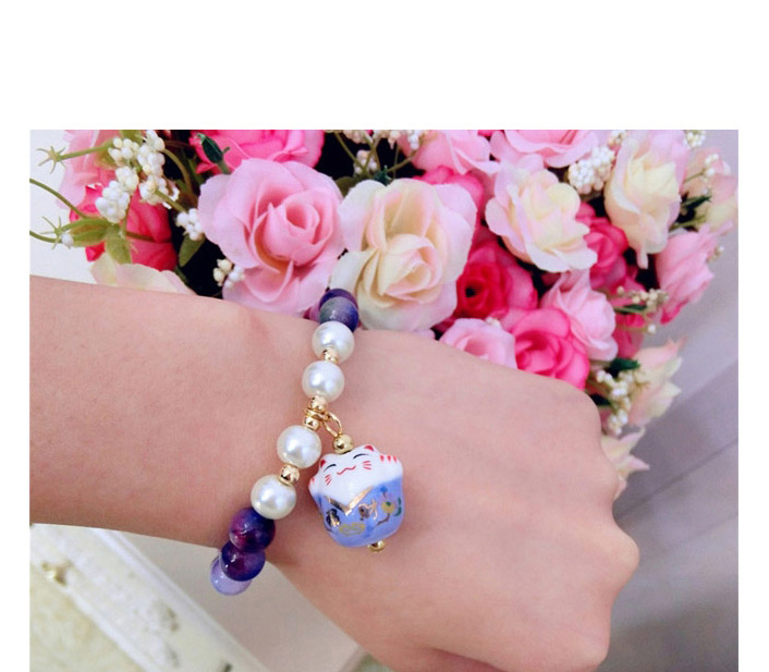 Fashion Blue Glass Crystal Beaded Ceramic Lucky Cat Bracelet,Crystal Bracelets