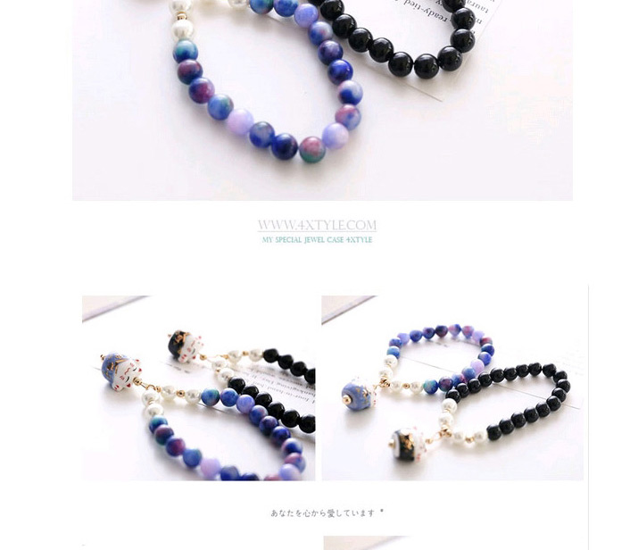 Fashion Blue Glass Crystal Beaded Ceramic Lucky Cat Bracelet,Crystal Bracelets