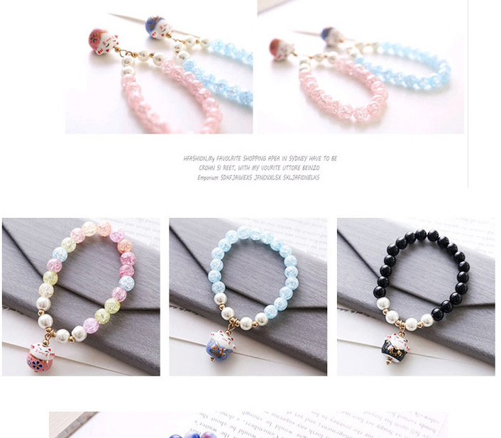 Fashion Pink Glass Crystal Beaded Ceramic Lucky Cat Bracelet,Crystal Bracelets