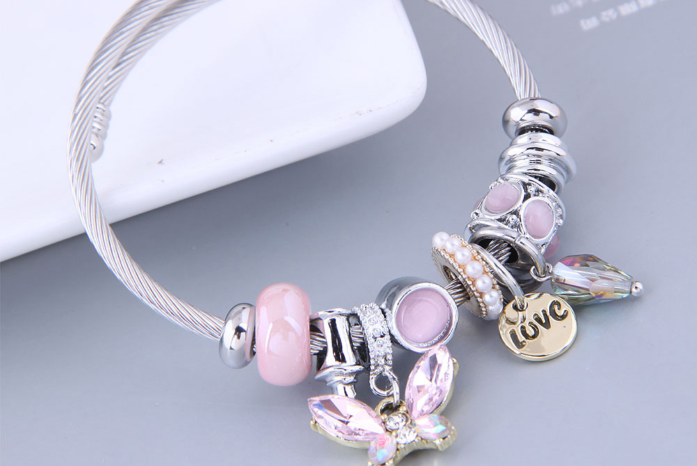 Fashion Pink Metal Butterfly Letter Water Drop Multi-element Pendant Bracelet,Bracelets