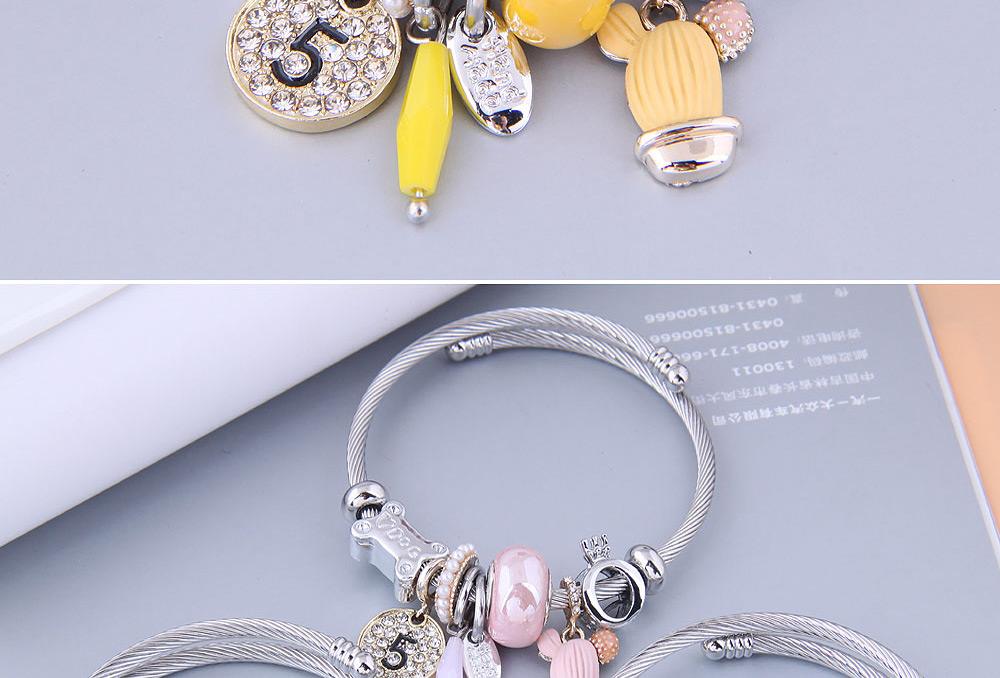Fashion Pink Metal Round Number Seaweed Flower Multi-element Bracelet,Bracelets