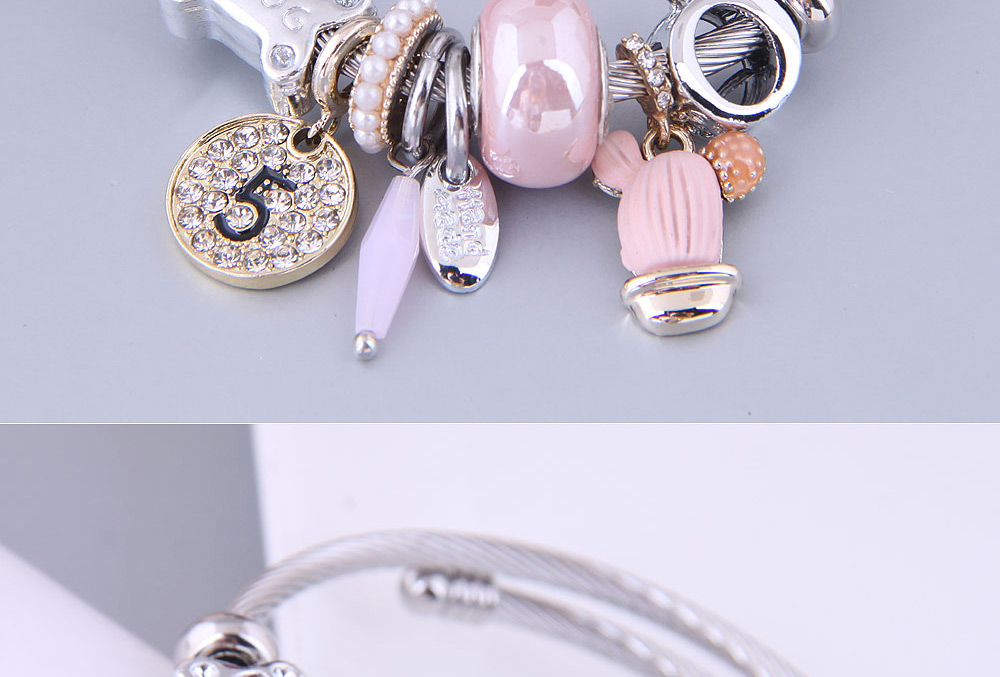 Fashion Pink Metal Round Number Seaweed Flower Multi-element Bracelet,Bracelets