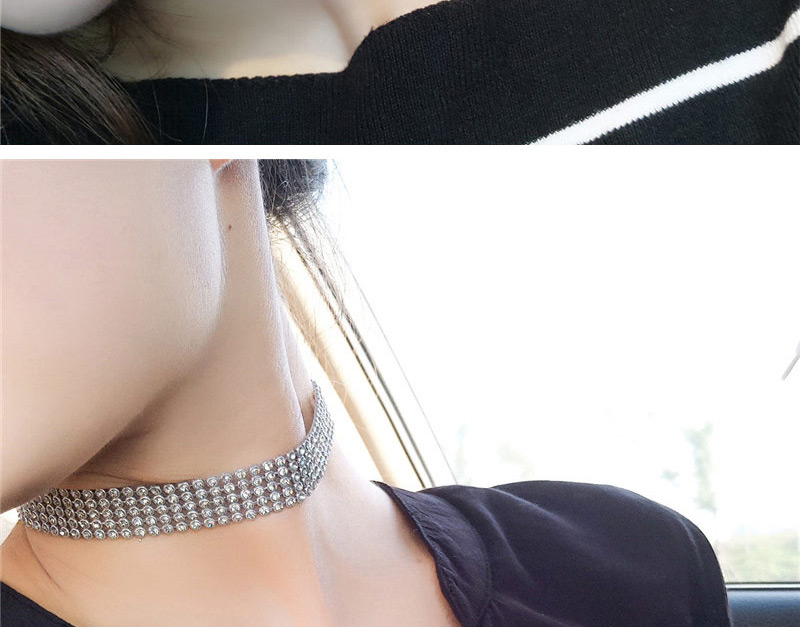 Fashion White Flash Diamond Chain Wide Side Necklace,Chokers