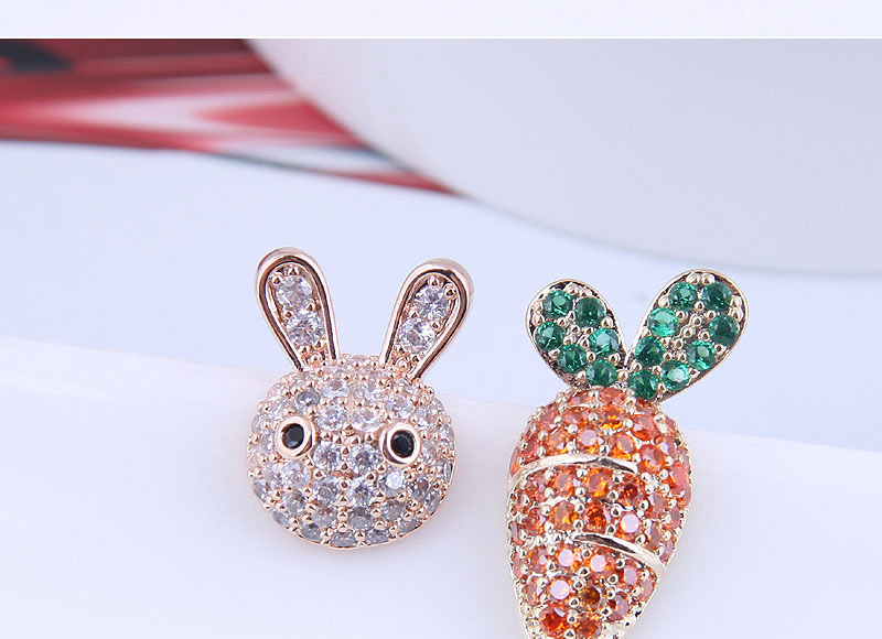 Fashion Red Copper Inlaid Zirconium Rabbit Radish Asymmetrical Earrings,Earrings