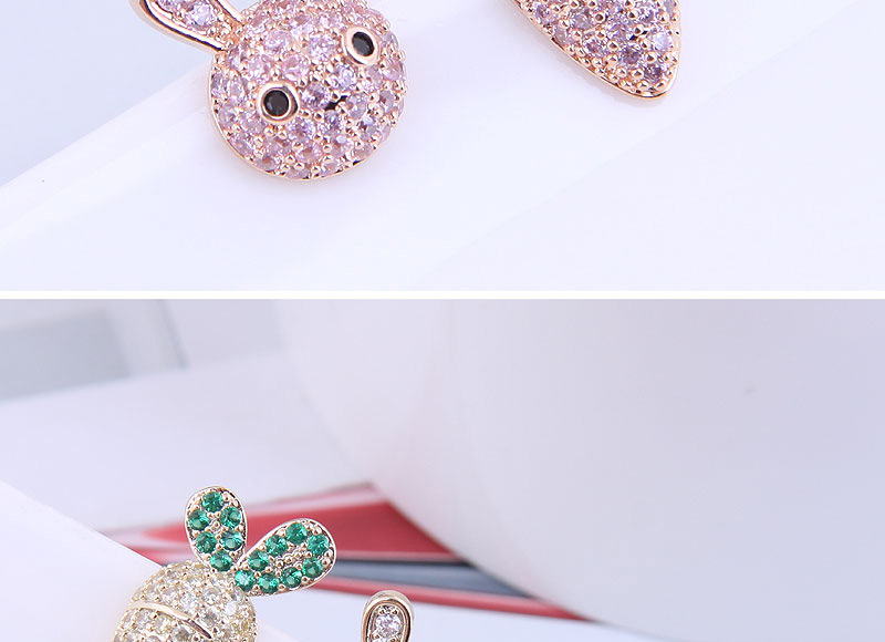 Fashion Pink Copper Inlaid Zirconium Rabbit Radish Asymmetrical Earrings,Earrings