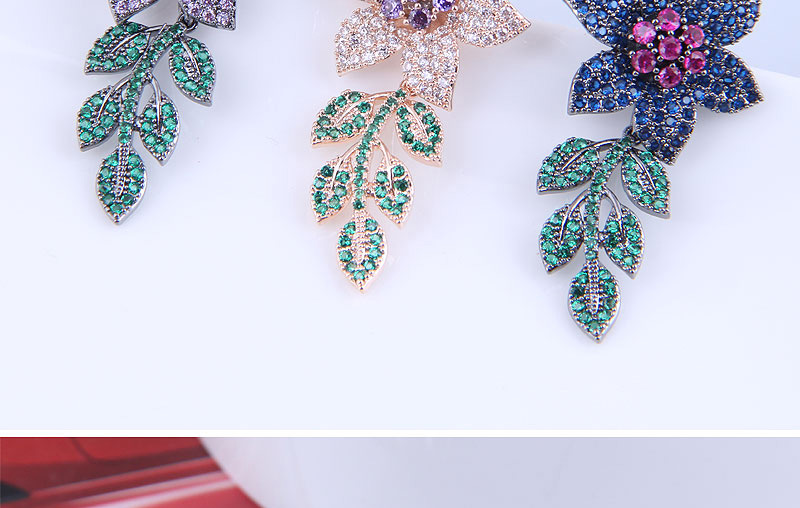 Fashion Blue Copper Inlaid Zirconium Flower And Leaf Earrings,Earrings
