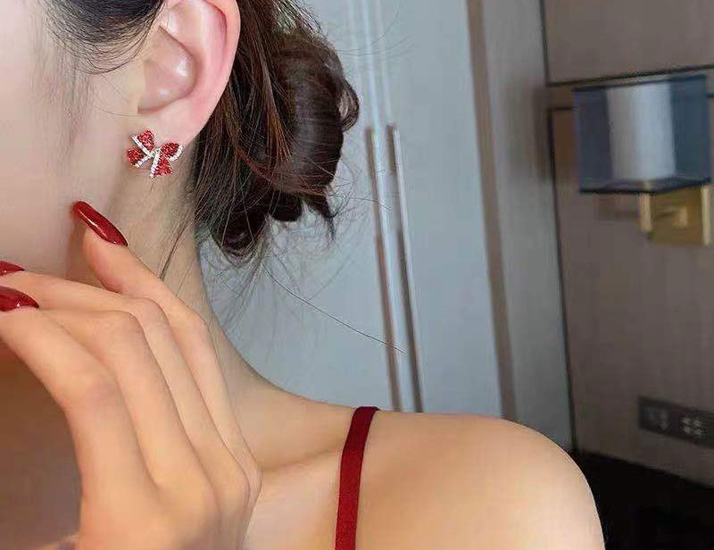 Fashion Red Metal Flash Diamond Bow Stud Earrings,Stud Earrings