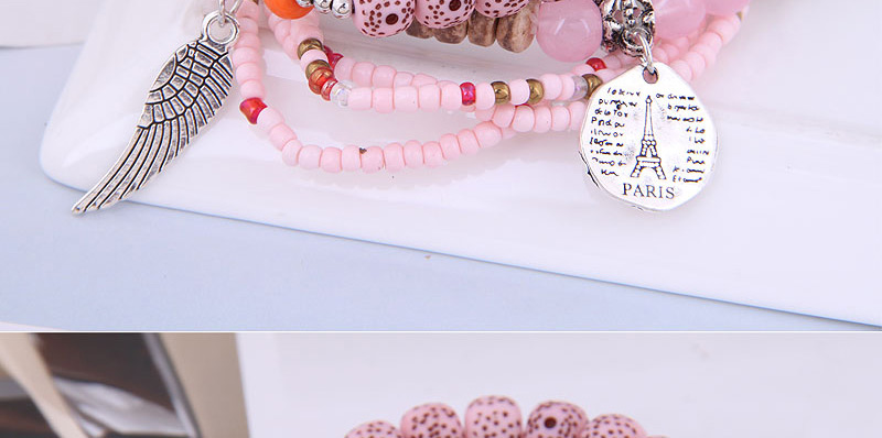 Fashion Pink Rice Beads Beaded Wings Medallion Multi-layer Bracelet,Beaded Bracelet