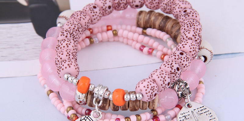 Fashion Pink Rice Beads Beaded Wings Medallion Multi-layer Bracelet,Beaded Bracelet