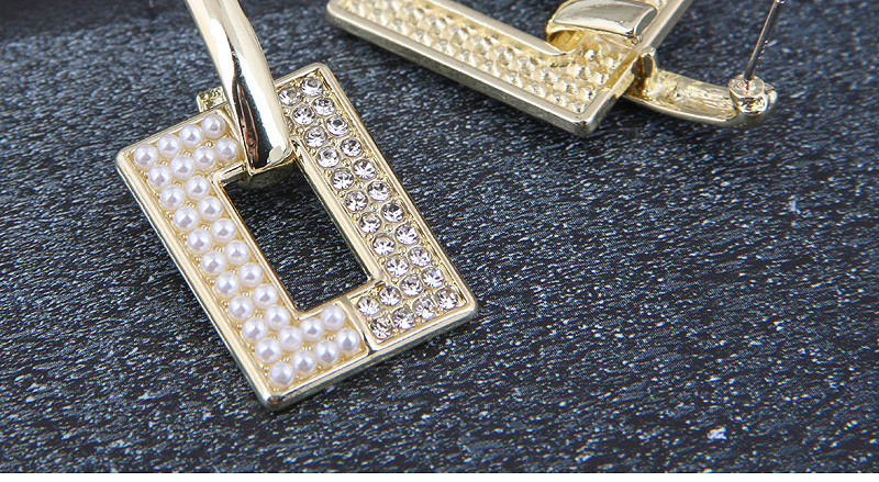 Fashion Gold Square Earrings With Metal Pearls And Diamonds,Hoop Earrings