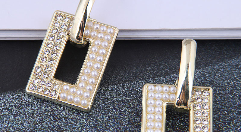 Fashion Gold Square Earrings With Metal Pearls And Diamonds,Hoop Earrings
