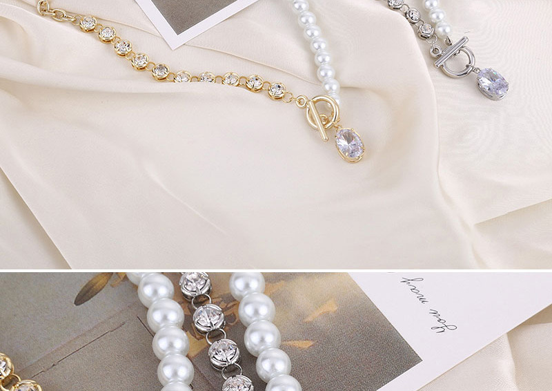Fashion Gold Metal Inlaid Zirconium Pearl Necklace,Necklaces