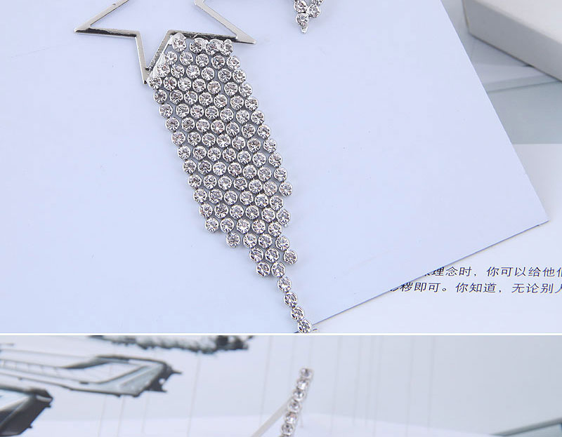Fashion Silver Metallic Diamond Five-pointed Star Tassel Earrings,Drop Earrings