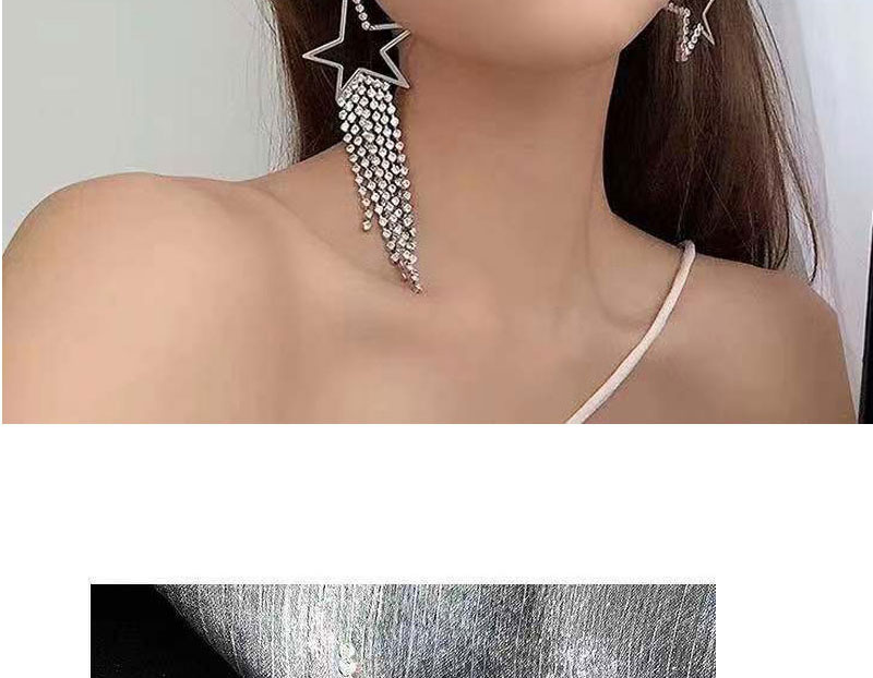 Fashion Silver Metallic Diamond Five-pointed Star Tassel Earrings,Drop Earrings