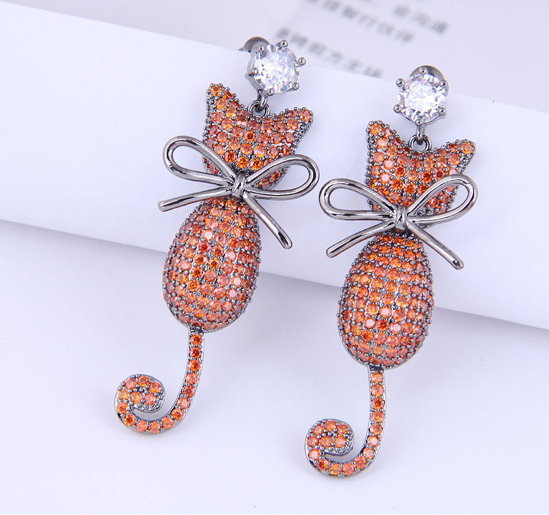 Fashion Rose Red Copper Inlaid Zirconium Bow Cat Earrings,Earrings