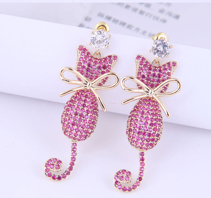 Fashion Rose Red Copper Inlaid Zirconium Bow Cat Earrings,Earrings