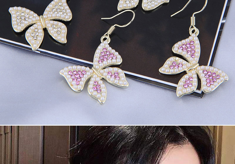 Fashion Pink Diamond Alloy Diamond Pearl Bow Earrings,Drop Earrings
