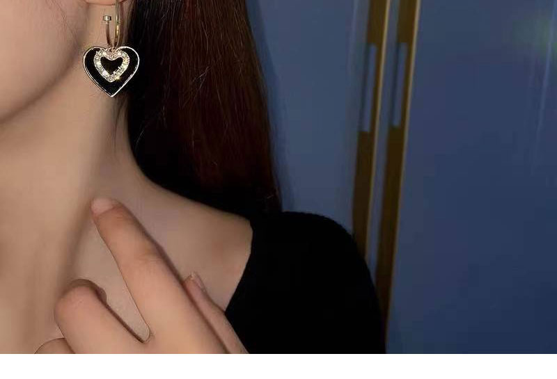Fashion Black Alloy Diamond Heart Earrings,Hoop Earrings