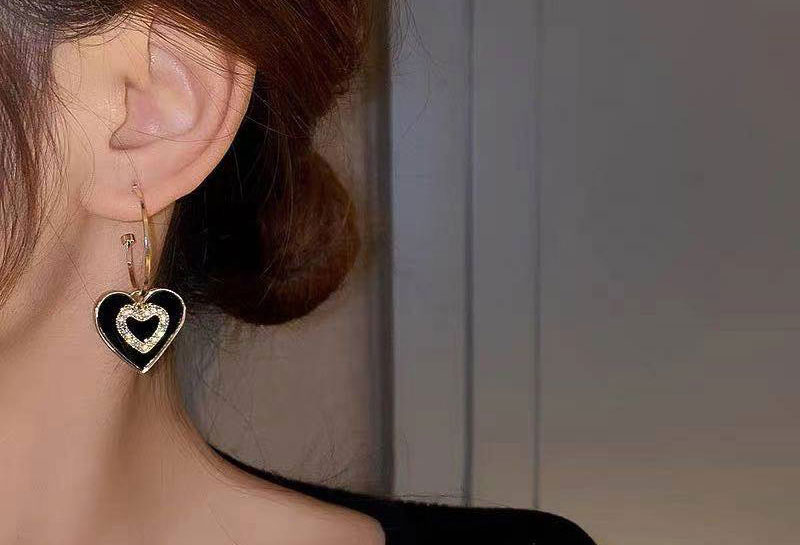 Fashion Black Alloy Diamond Heart Earrings,Hoop Earrings
