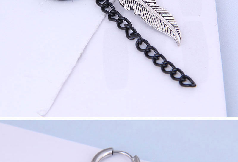 Fashion Black Titanium Steel Feather Chain Single Ear Ring,Earrings